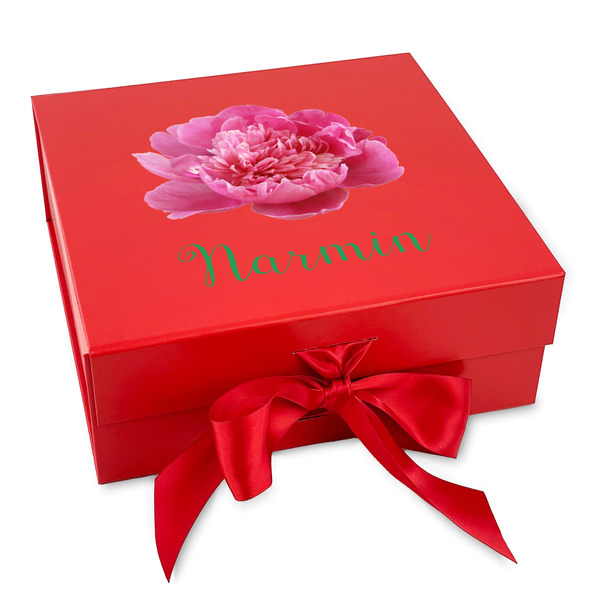 Custom Watercolor Peonies Gift Box with Magnetic Lid - Red (Personalized)