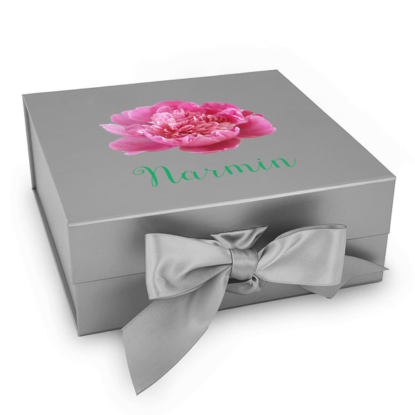 Custom Watercolor Peonies Gift Box with Magnetic Lid - Silver (Personalized)