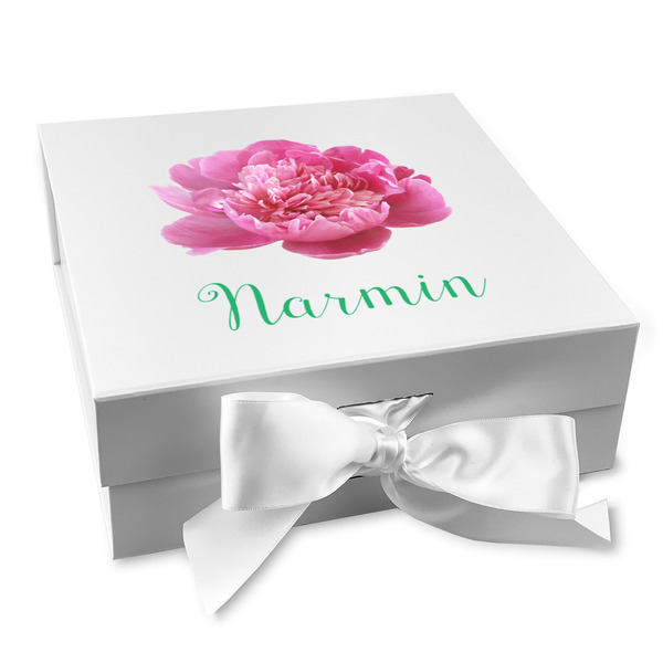 Custom Watercolor Peonies Gift Box with Magnetic Lid - White (Personalized)