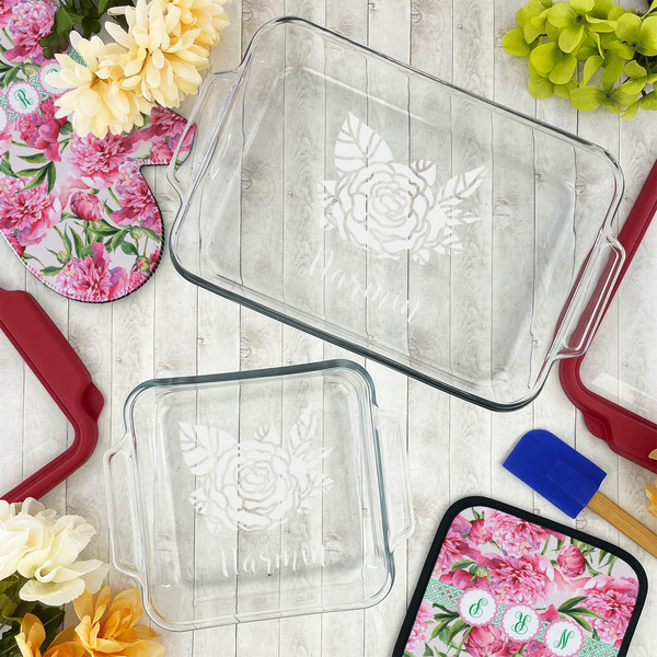 Watercolor Peonies Glass Baking Dish Set - LIFESTYLE