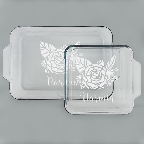 Custom Watercolor Peonies Set of Glass Baking & Cake Dish - 13in x 9in & 8in x 8in (Personalized)