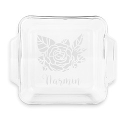 Watercolor Peonies Glass Cake Dish with Truefit Lid - 8in x 8in (Personalized)