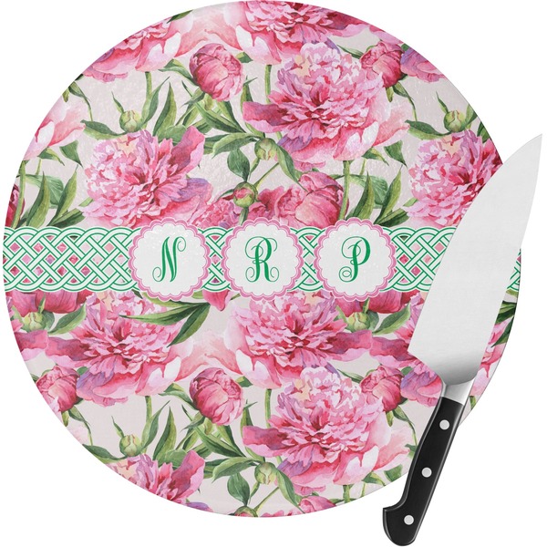 Custom Watercolor Peonies Round Glass Cutting Board (Personalized)