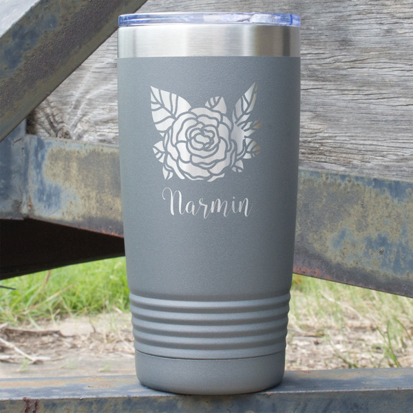 Custom Watercolor Peonies 20 oz Stainless Steel Tumbler - Grey - Single Sided (Personalized)