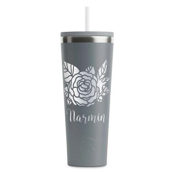 Custom Watercolor Peonies RTIC Everyday Tumbler with Straw - 28oz - Grey - Single-Sided (Personalized)