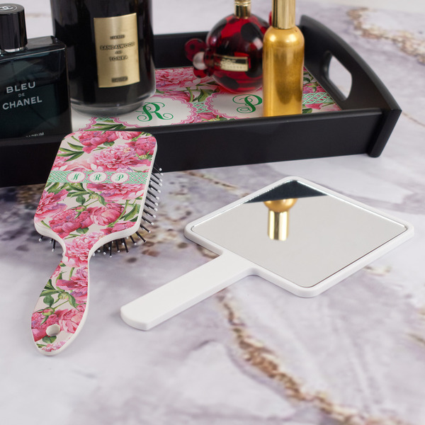 Watercolor Peonies Hair Brush - With Hand Mirror