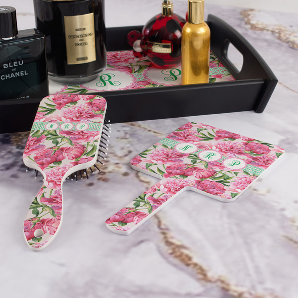 Watercolor Peonies Hair Brush and Hand Mirror - Bathroom Scene