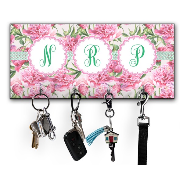 Custom Watercolor Peonies Key Hanger w/ 4 Hooks w/ Multiple Names
