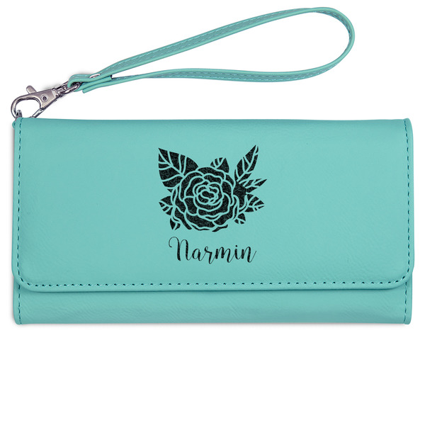 Watercolor Peonies Ladies Wallet - Leather - Teal - Front View