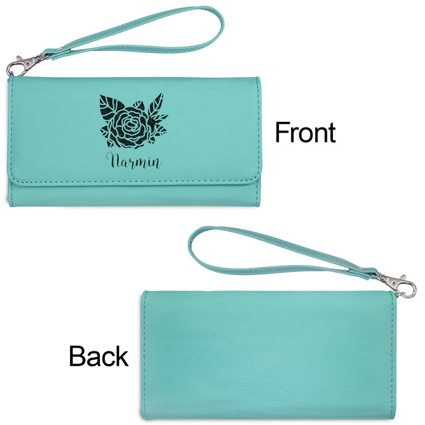 Watercolor Peonies Ladies Wallets - Faux Leather - Teal - Front & Back View