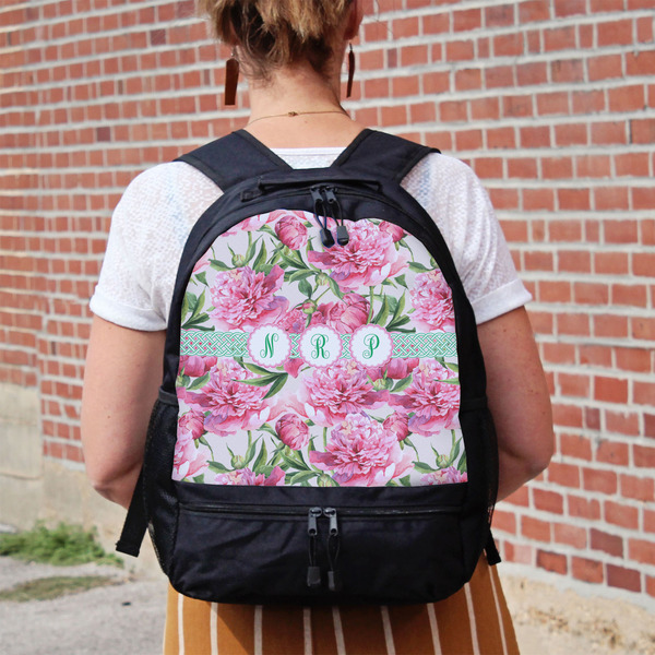 Watercolor Peonies Large Backpack - Black - On Back