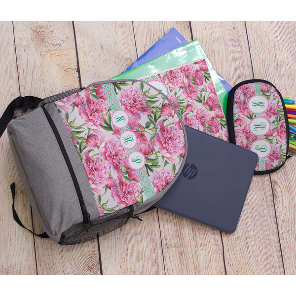 Watercolor Peonies Large Backpack - Gray - With Stuff