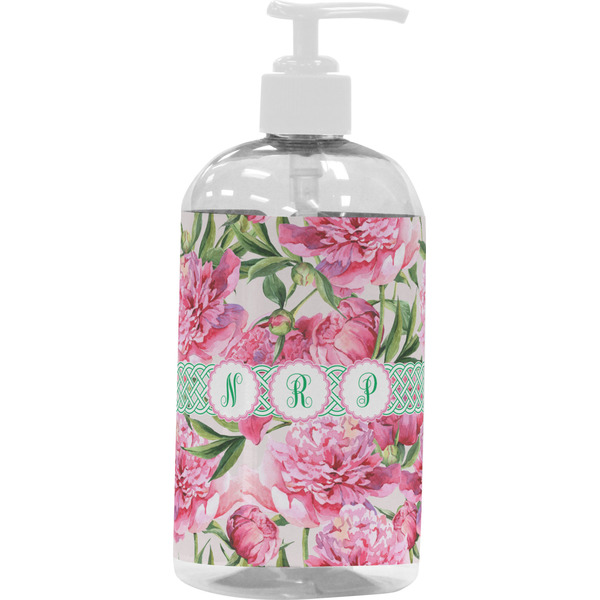 Custom Watercolor Peonies Plastic Soap / Lotion Dispenser (16 oz - Large - White) (Personalized)