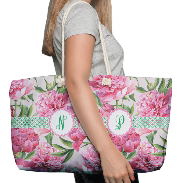 Watercolor Peonies Large Rope Tote Bag - In Context View