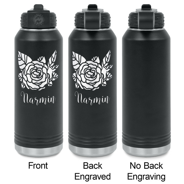 Watercolor Peonies Laser Engraved Water Bottles - 2 Styles - Front & Back View