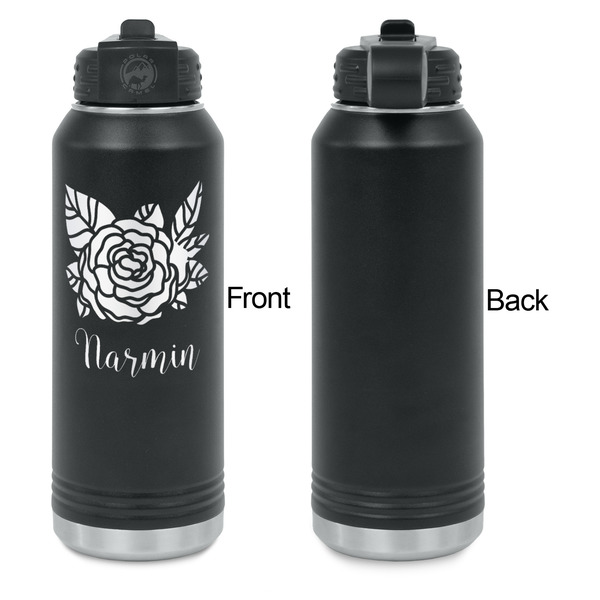 Watercolor Peonies Laser Engraved Water Bottles - Front Engraving - Front & Back View