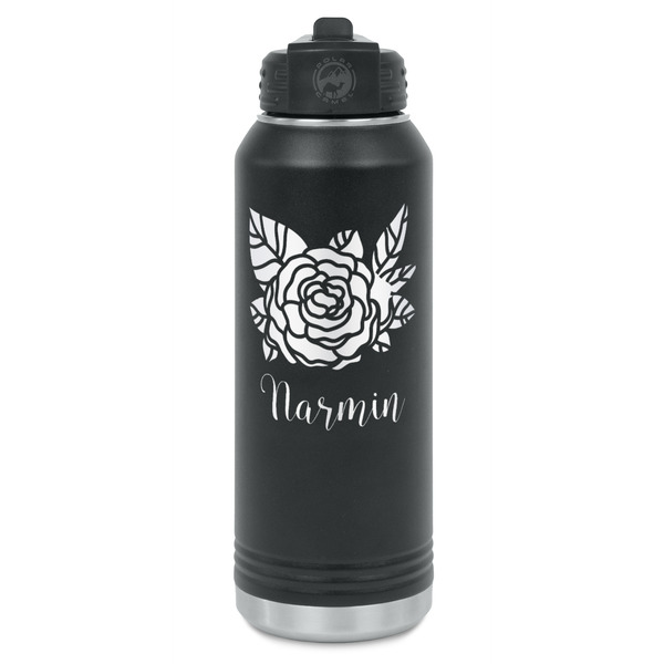 Custom Watercolor Peonies Water Bottle - Laser Engraved - Front (Personalized)