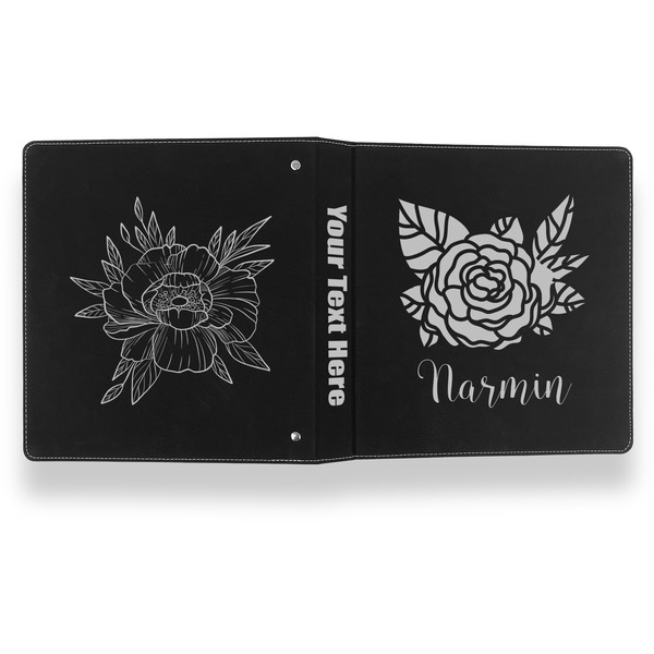 Watercolor Peonies Leather Binder - 1" - Black- Back Spine Front View