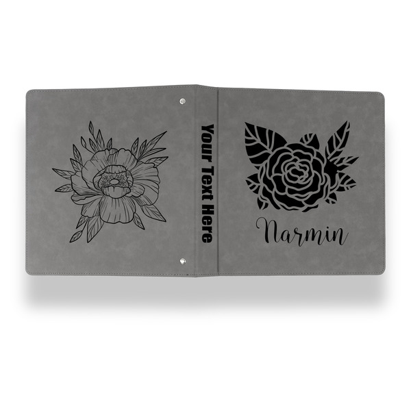Watercolor Peonies Leather Binder - 1" - Grey - Back Spine Front View