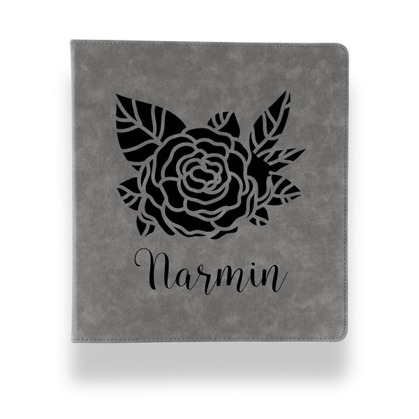 Custom Watercolor Peonies Leather Binder - 1" - Grey (Personalized)