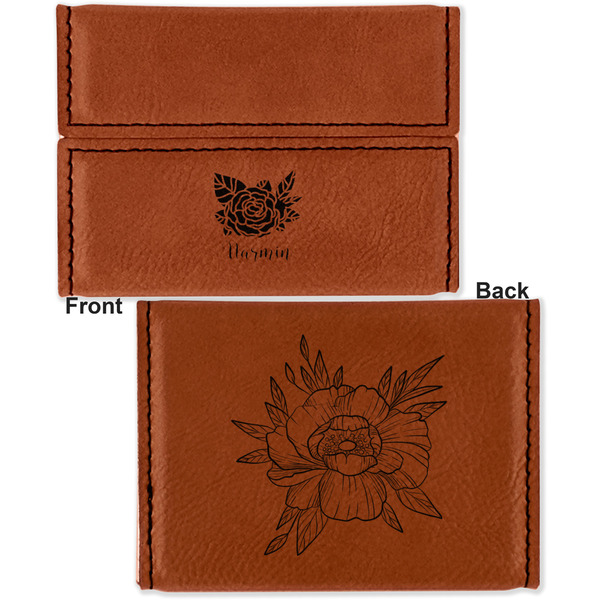 Watercolor Peonies Leather Business Card Holder - Front Back