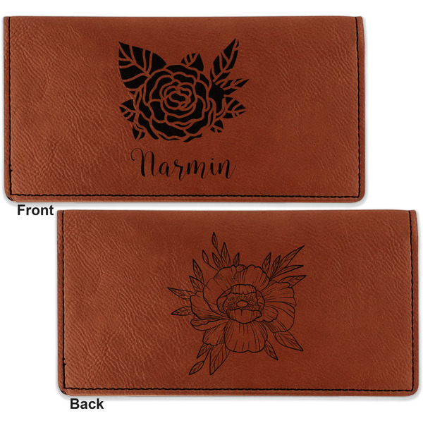 Watercolor Peonies Leather Checkbook Holder Front and Back