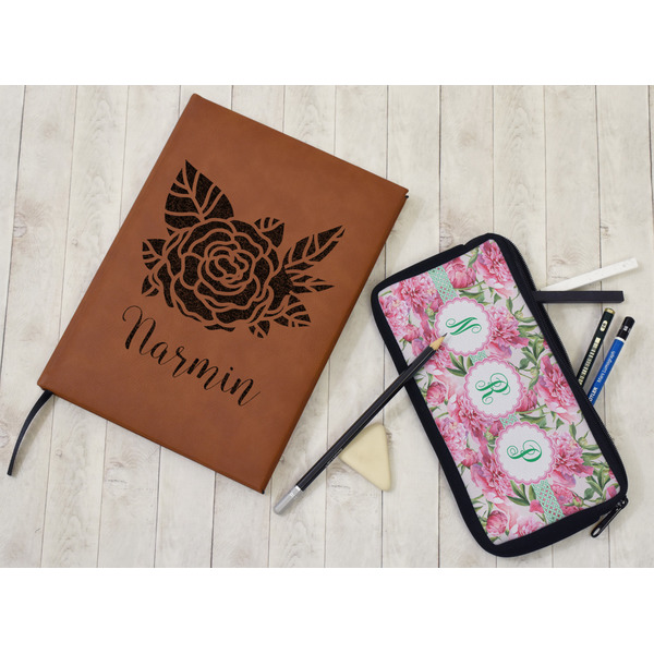 Watercolor Peonies Leather Sketchbook - Large - Single Sided - In Context