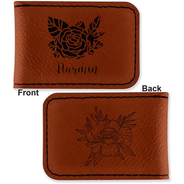 Watercolor Peonies Leatherette Magnetic Money Clip - Front and Back