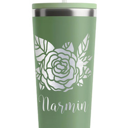 Watercolor Peonies RTIC Everyday Tumbler with Straw - 28oz - Light Green - Single-Sided (Personalized)