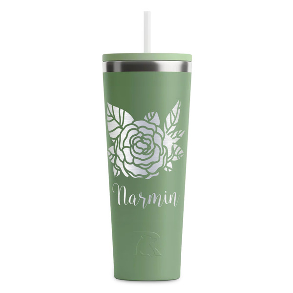 Custom Watercolor Peonies RTIC Everyday Tumbler with Straw - 28oz - Light Green - Double-Sided (Personalized)