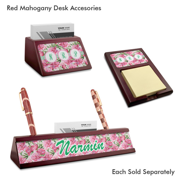 Watercolor Peonies Mahogany Desk Accessories