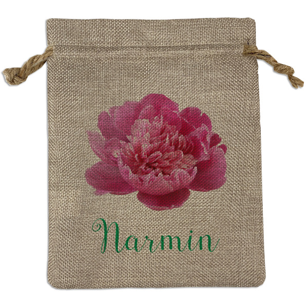 Custom Watercolor Peonies Medium Burlap Gift Bag - Front (Personalized)