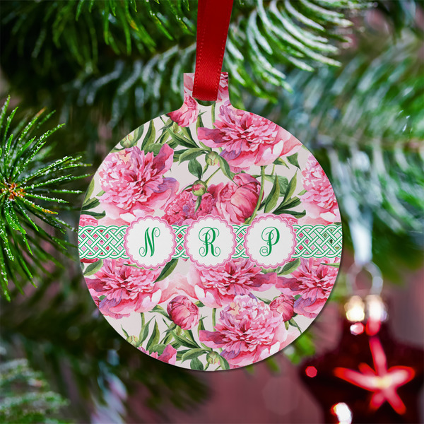 Watercolor Peonies Metal Ball Ornament - Lifestyle