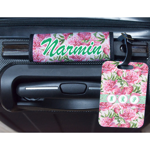 Watercolor Peonies Metal Luggage Tag & Handle Wrap - In Context