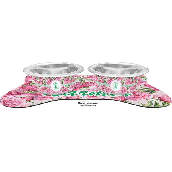Watercolor Peonies Metal Pet Bowls - On Dog Bone Shaped Mat