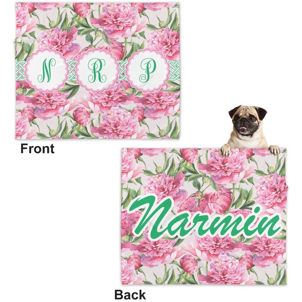 Watercolor Peonies Microfleece Dog Blanket - Large- Front & Back