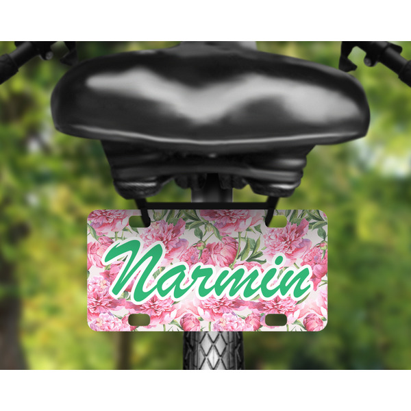 Watercolor Peonies Mini License Plate on Bicycle