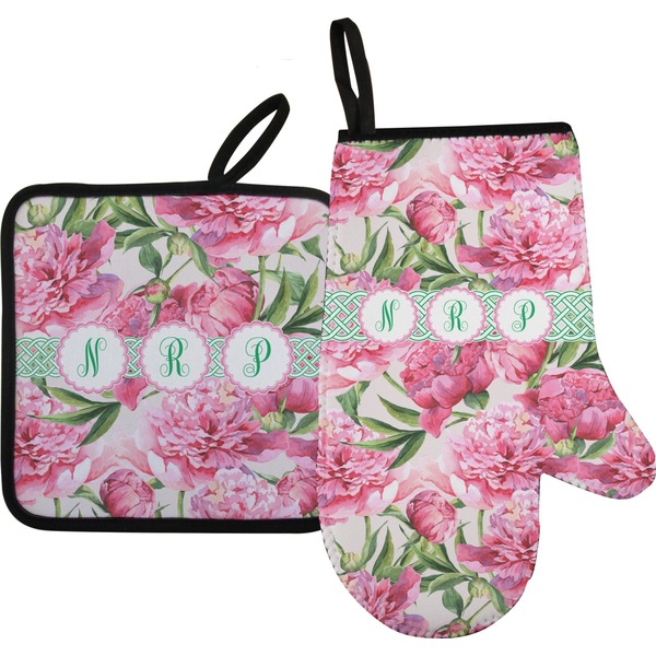 Custom Watercolor Peonies Oven Mitt & Pot Holder Set w/ Multiple Names