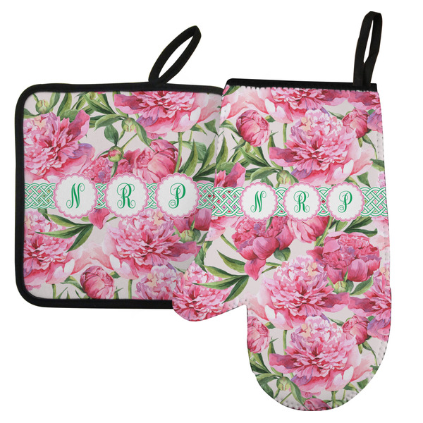 Custom Watercolor Peonies Left Oven Mitt & Pot Holder Set w/ Multiple Names