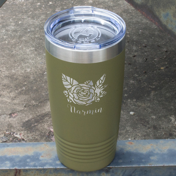Watercolor Peonies Olive Polar Camel Tumbler - 20oz - Angled