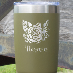Watercolor Peonies 20 oz Stainless Steel Tumbler - Olive - Single Sided (Personalized)