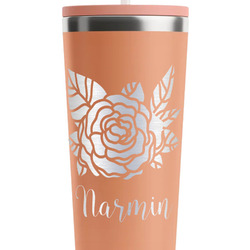 Watercolor Peonies RTIC Everyday Tumbler with Straw - 28oz - Peach - Single-Sided (Personalized)