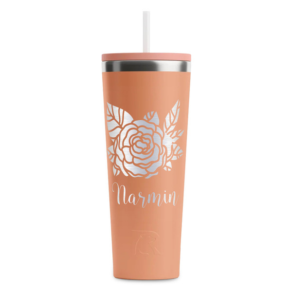 Custom Watercolor Peonies RTIC Everyday Tumbler with Straw - 28oz - Peach - Single-Sided (Personalized)