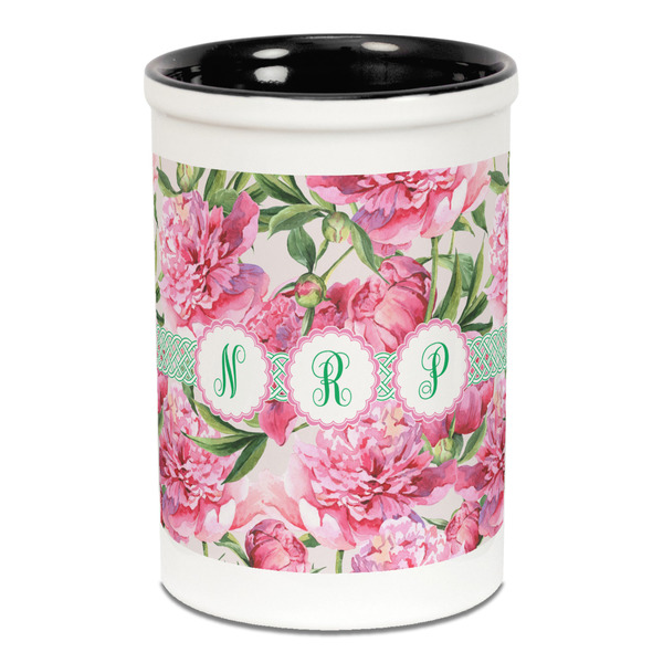 Custom Watercolor Peonies Ceramic Pencil Holders - Black