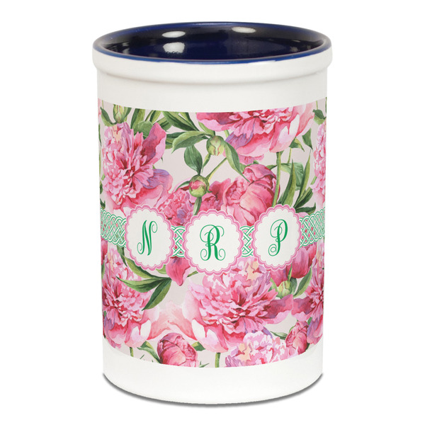 Watercolor Peonies Pencil Holder - Blue