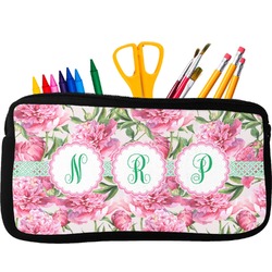 Watercolor Peonies Neoprene Pencil Case - Small w/ Multiple Names