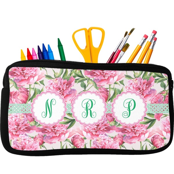 Custom Watercolor Peonies Neoprene Pencil Case - Small w/ Multiple Names