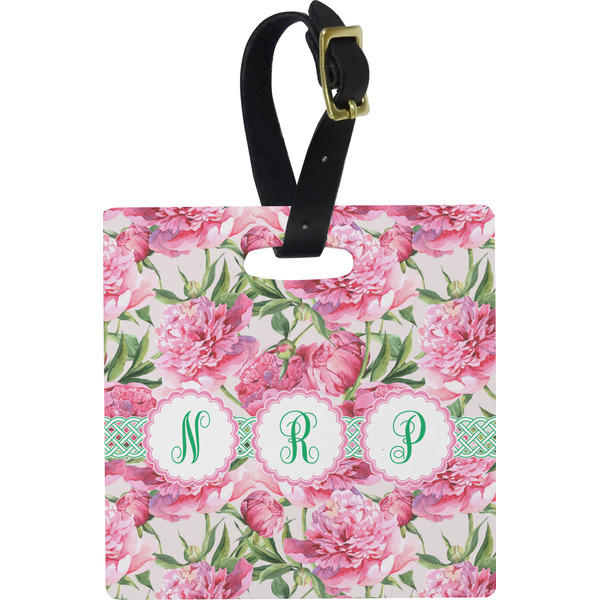 Custom Watercolor Peonies Plastic Luggage Tag - Square w/ Multiple Names