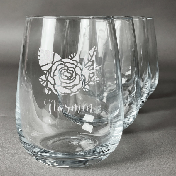 Custom Watercolor Peonies Stemless Wine Glasses (Set of 4) (Personalized)