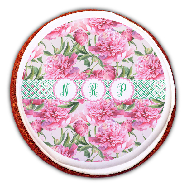 Watercolor Peonies Printed Icing Circle - Large - On Cookie